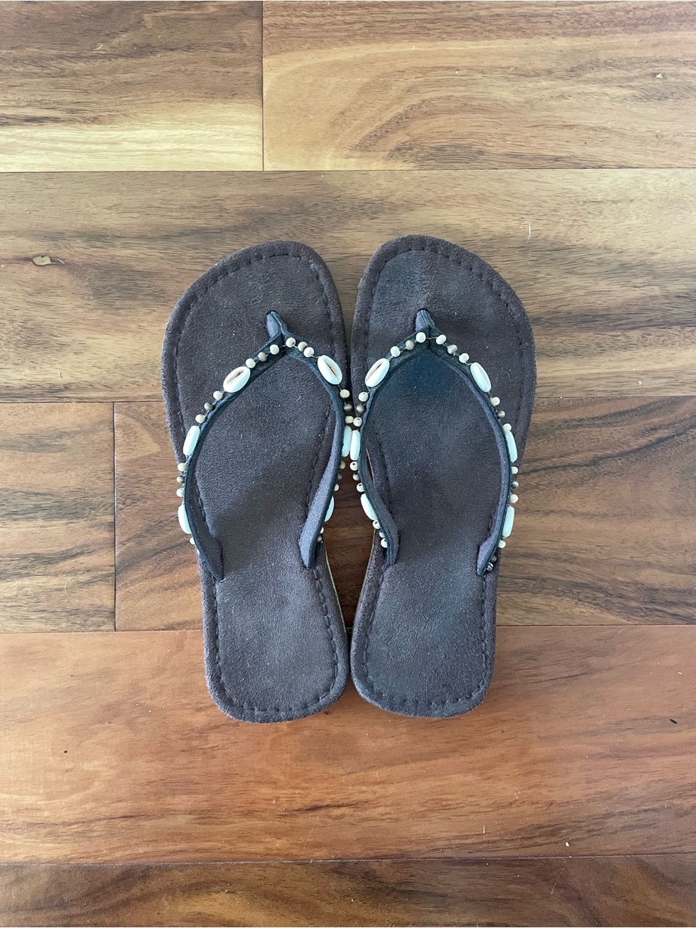 (Free With Bundle) Women’s Dark Brown Beaded Shell Flip Flop Sandals